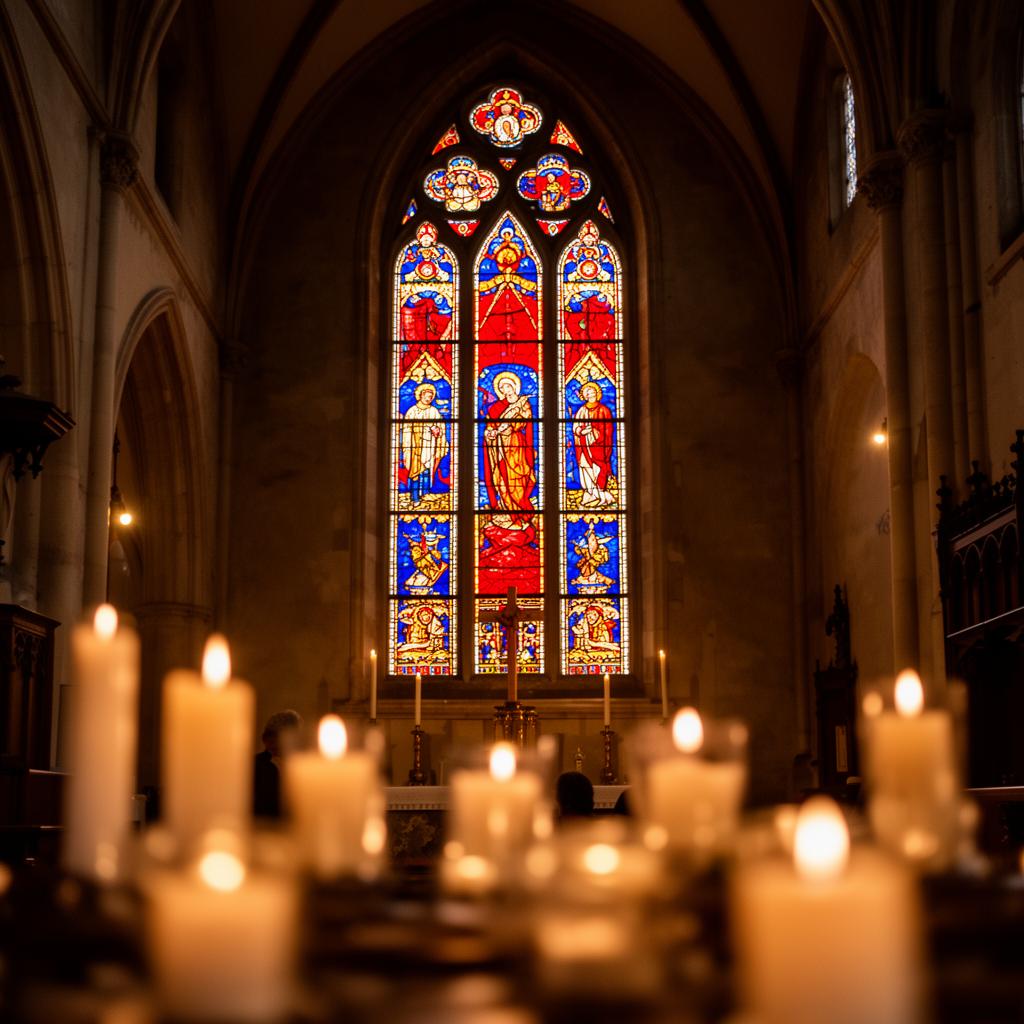 Stained glass and votive candles in a Catholic church