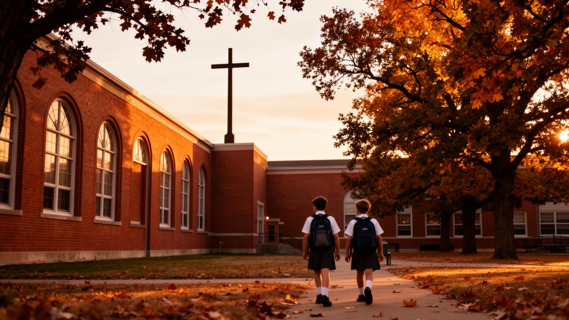 Students walking outside a JPII Catholic school at golden hour